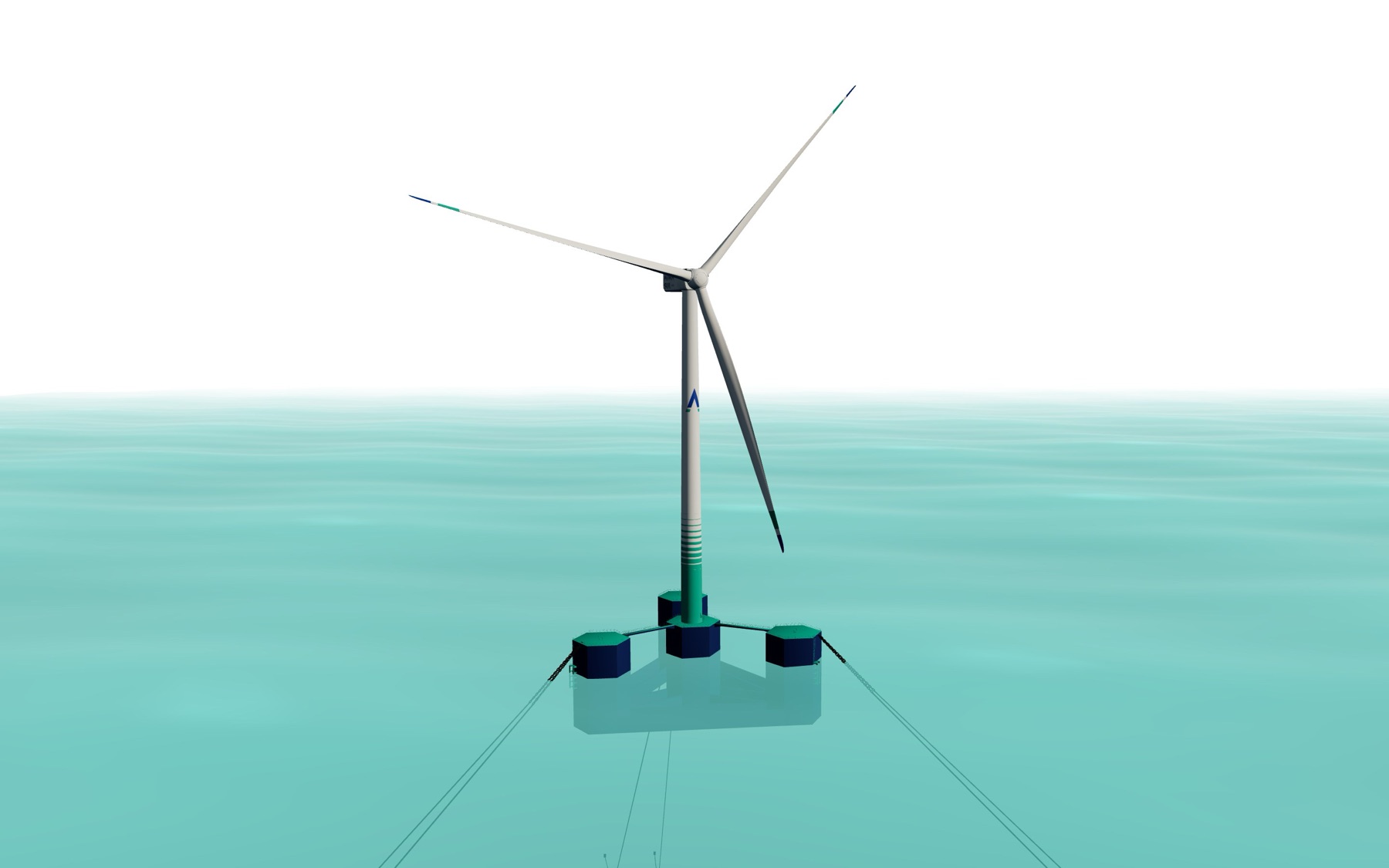 Modelo 3D da turbina flutuante do Aura Sul Wind sobre a plataforma de concreto, no mar